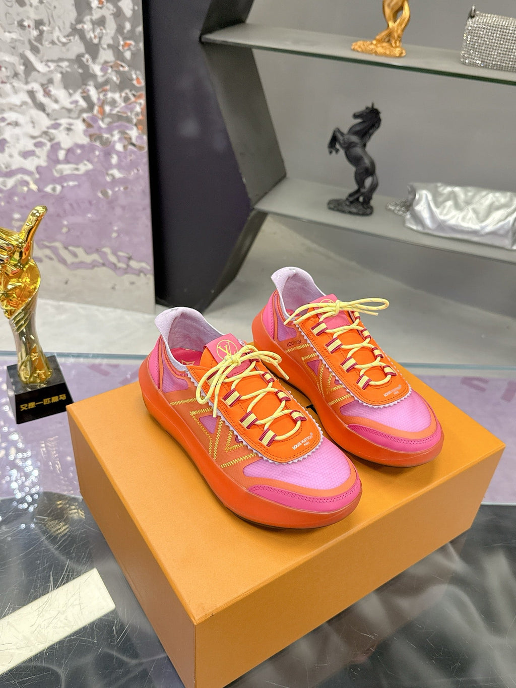 LV 26S SKATE SNEAKERS IN PINK ORANGE MESH TRANSLUCENT SOLE