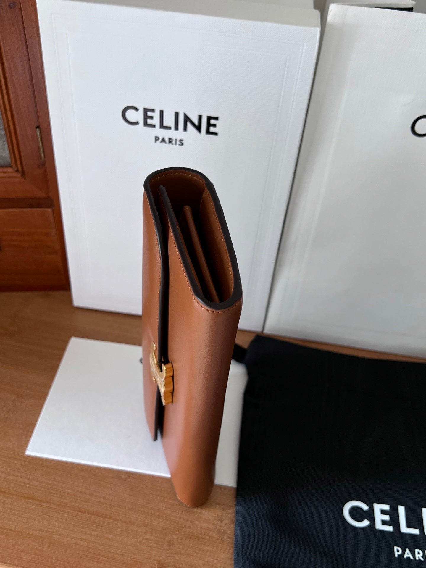 TRIOMPHE WALLET 19 IN BROWN CALFSKIN GOLD HARDWARE