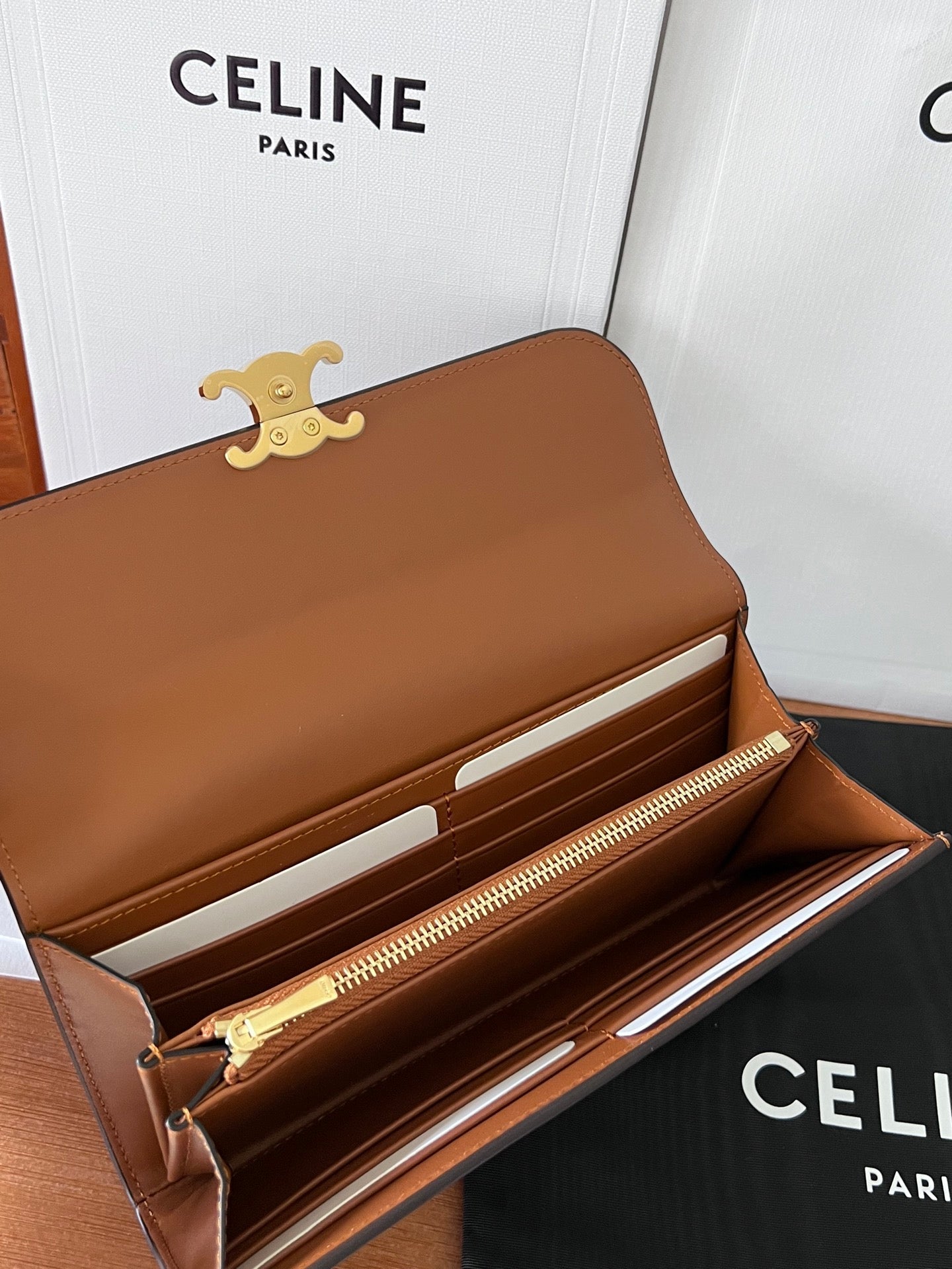 TRIOMPHE WALLET 19 IN BROWN CALFSKIN GOLD HARDWARE