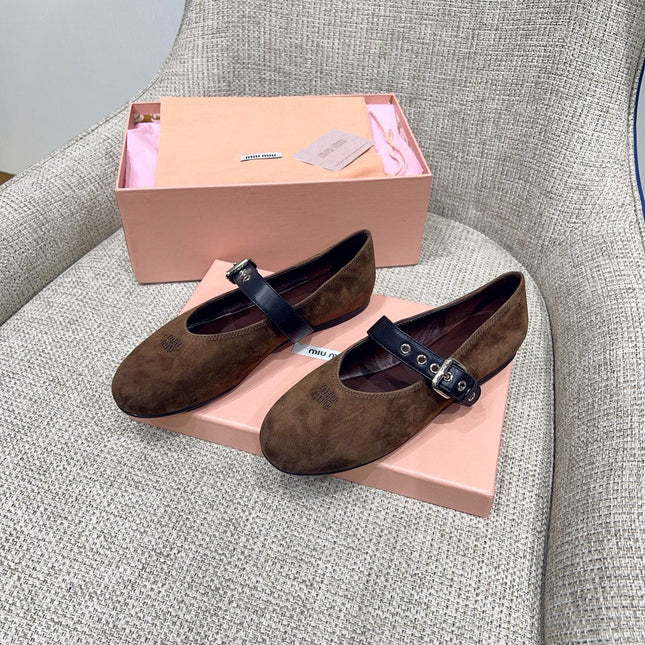 MIUMIU 26S MARY JANE FLATS IN OLIVE BROWN SUEDE WITH BLACK BUCKLE STRAP