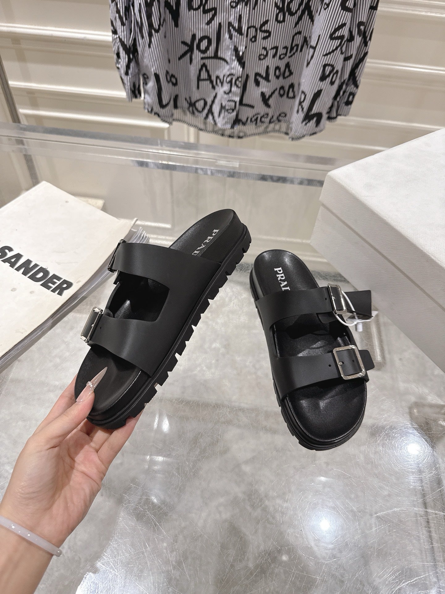 PRADA 26S SLIDES SANDALS IN BLACK CALFSKIN SILVER HARDWARE