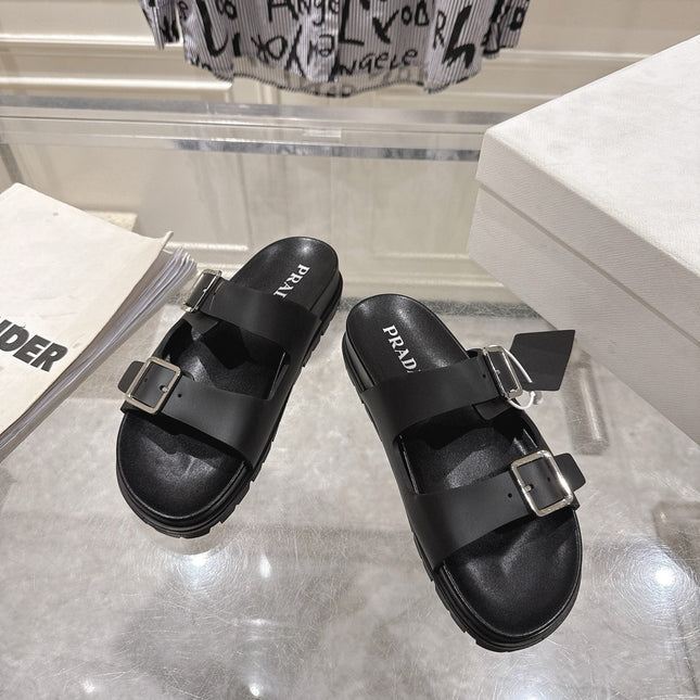 PRADA 26S SLIDES SANDALS IN BLACK CALFSKIN SILVER HARDWARE