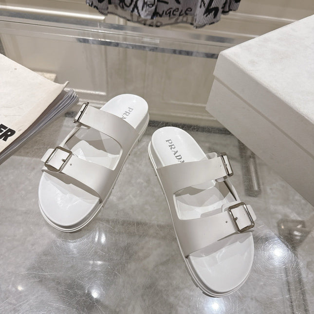 PRADA 26S SLIDES SANDALS IN WHITE CALFSKIN SILVER HARDWARE