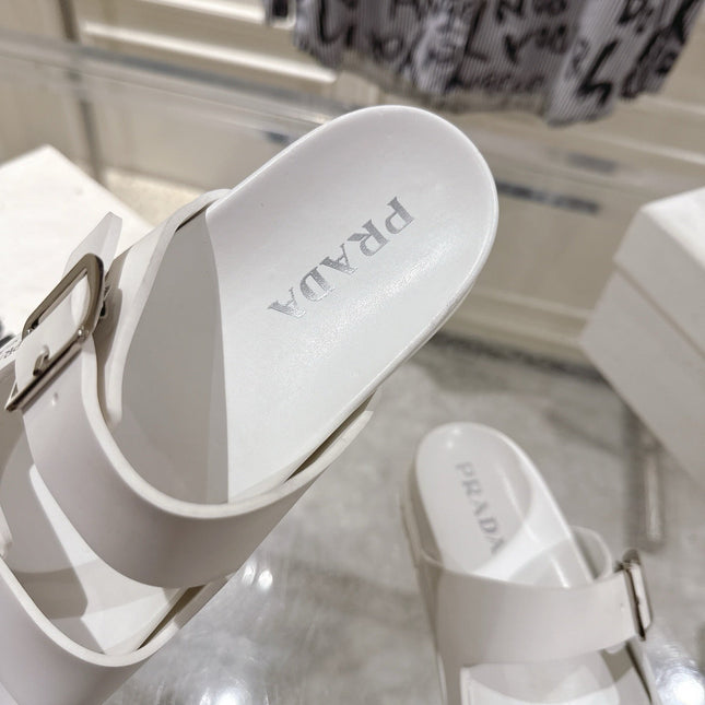 PRADA 26S SLIDES SANDALS IN WHITE CALFSKIN SILVER HARDWARE