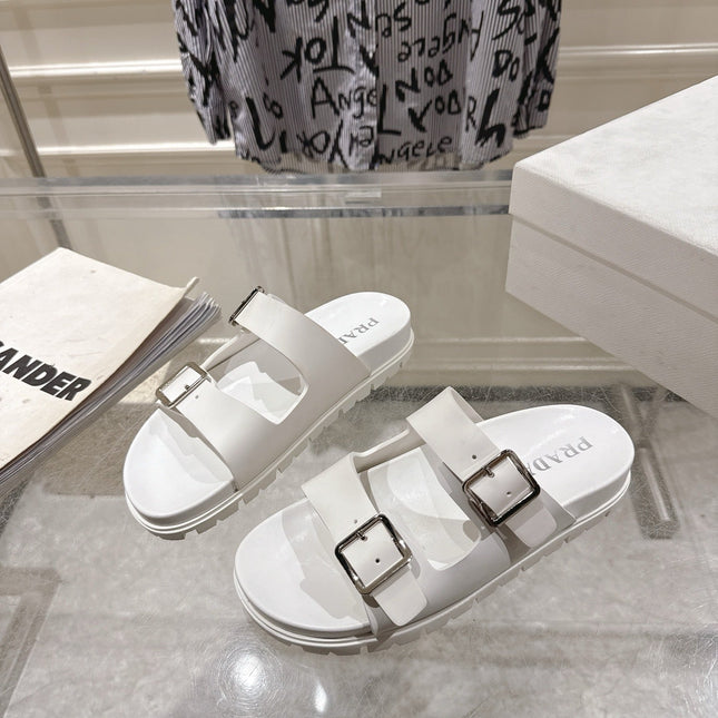 PRADA 26S SLIDES SANDALS IN WHITE CALFSKIN SILVER HARDWARE