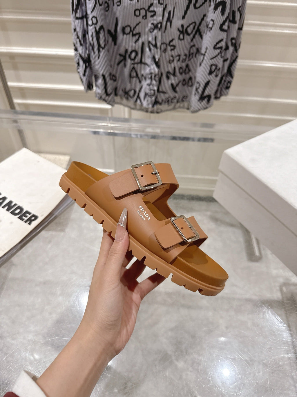 PRADA 26S SLIDES SANDALS IN CARAMEL BROWN CALFSKIN SILVER HARDWARE