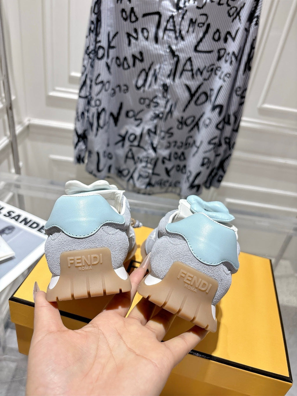 FENDI 26S SNEAKERS IN GREY FABRIC AND SUEDE