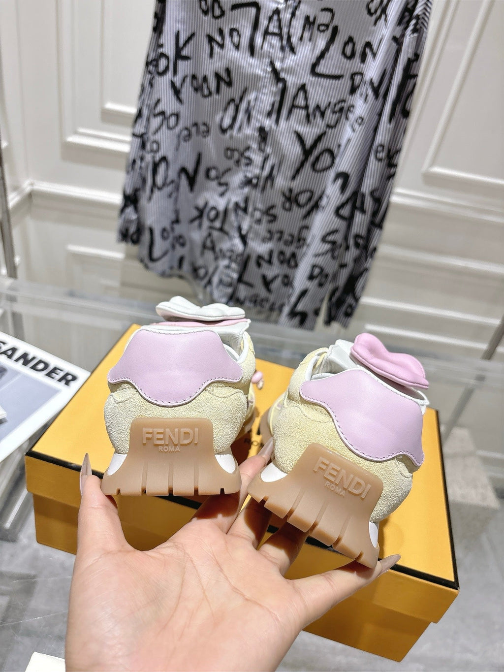 FENDI 26S SNEAKERS IN LIGHT YELLOW FABRIC AND SUEDE