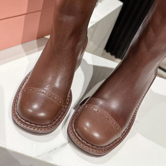 MIUMIU 26S HIGH-ANKLE BOOTS 50MM IN BROWN GLOSSY CALFSKIN