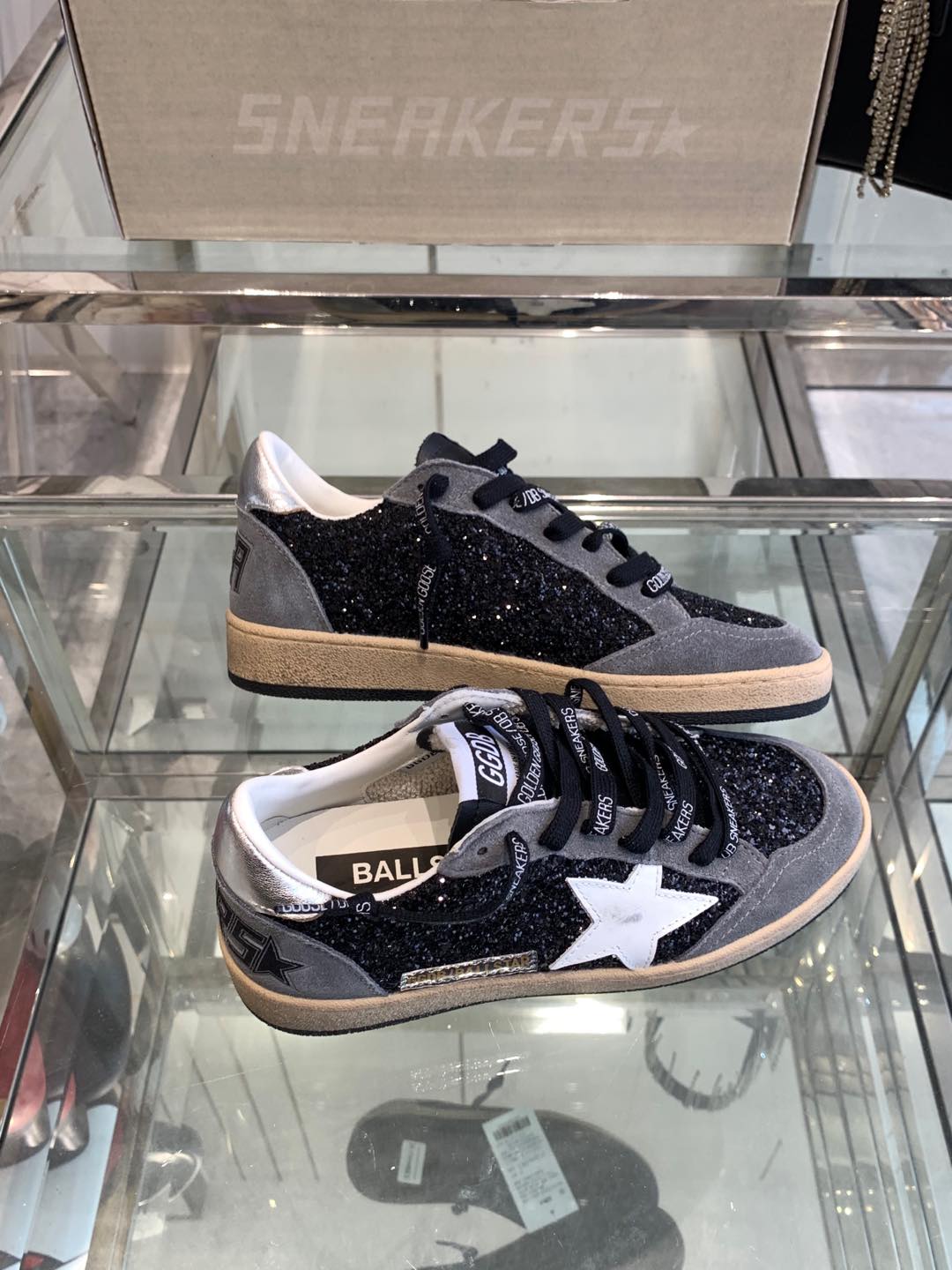 BALL STAR SNEAKERS WITH WHITE STAR IN BLACK GLITTER AND GRAY SUEDE