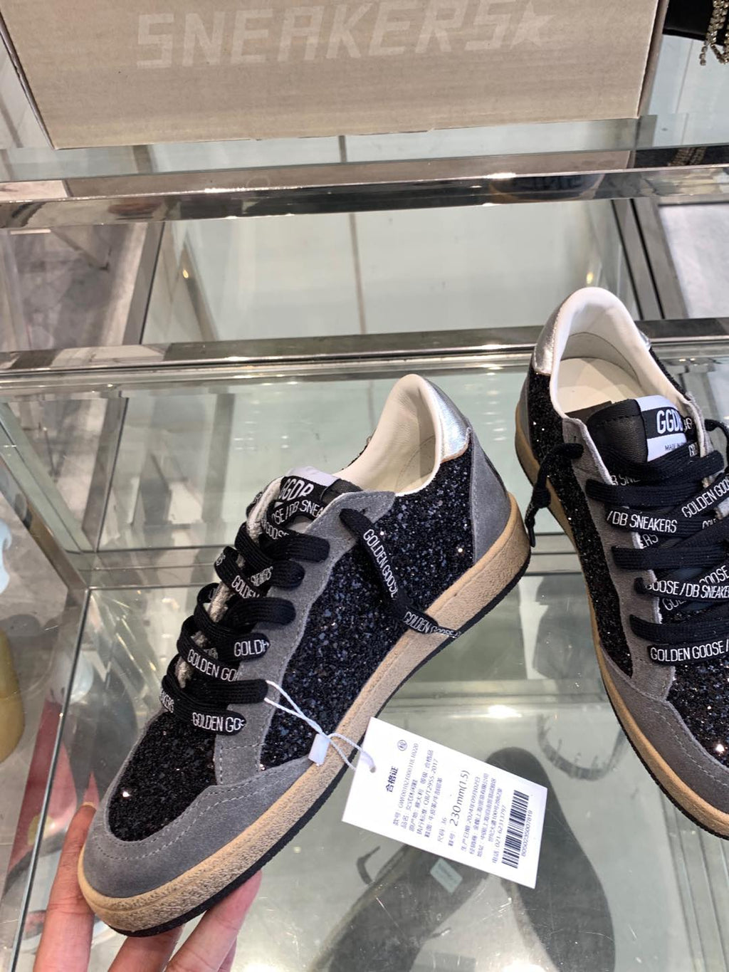 BALL STAR SNEAKERS WITH WHITE STAR IN BLACK GLITTER AND GRAY SUEDE