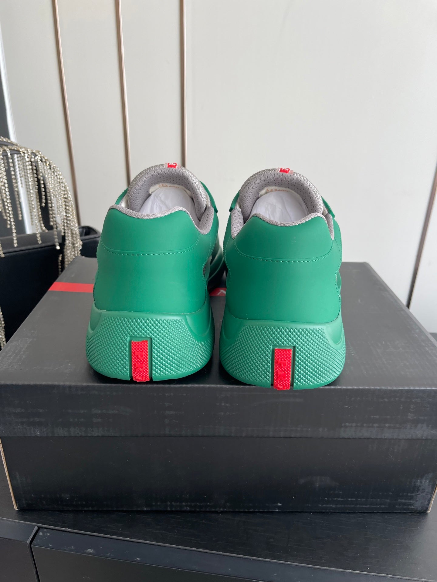 PRADA 26S AMERICA CUP SNEAKERS IN TEAL GREEN SOFT RUBBER AND BIKE FABRIC