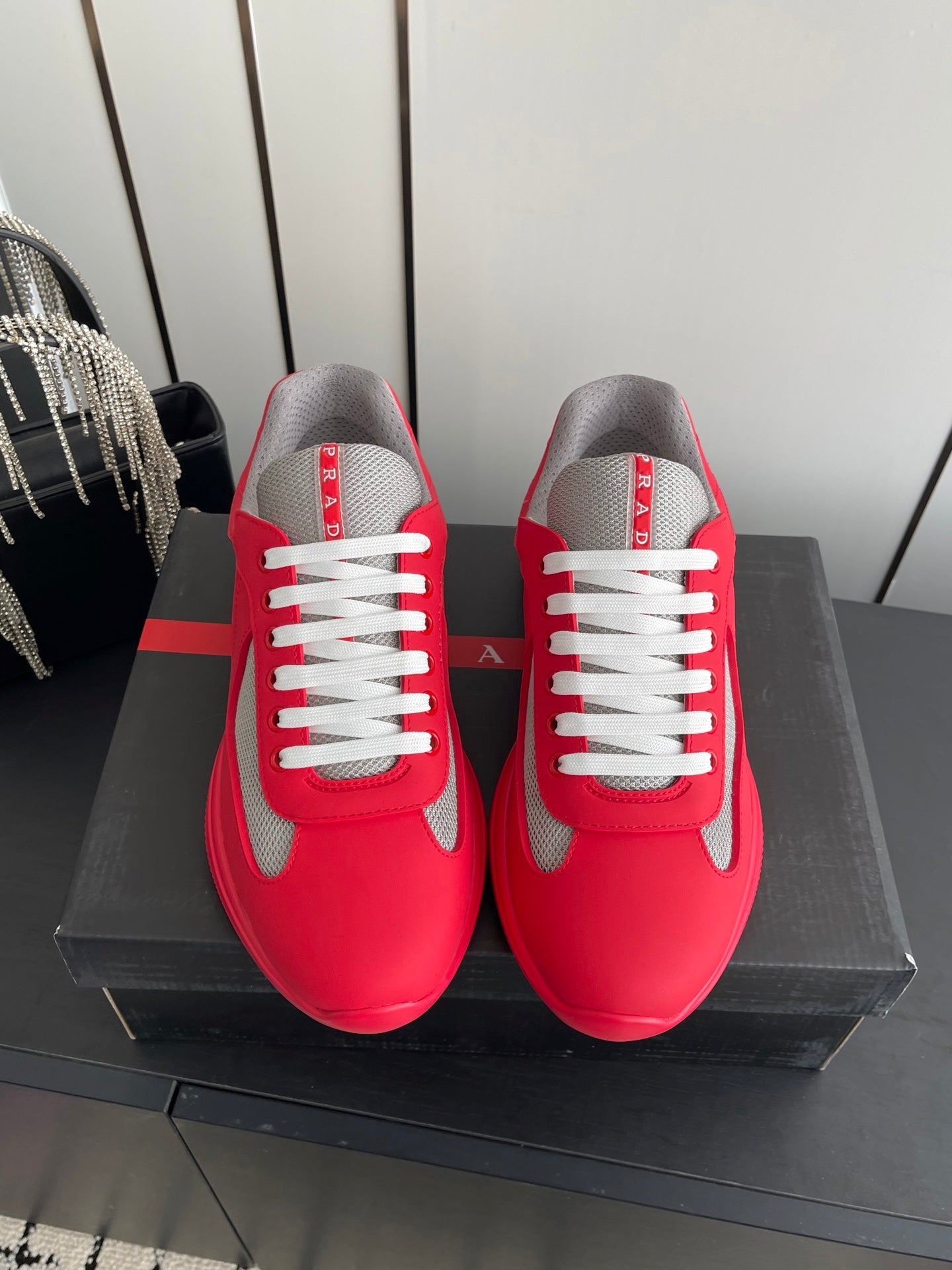 PRADA 26S AMERICA CUP SNEAKERS IN RED SOFT RUBBER AND BIKE FABRIC