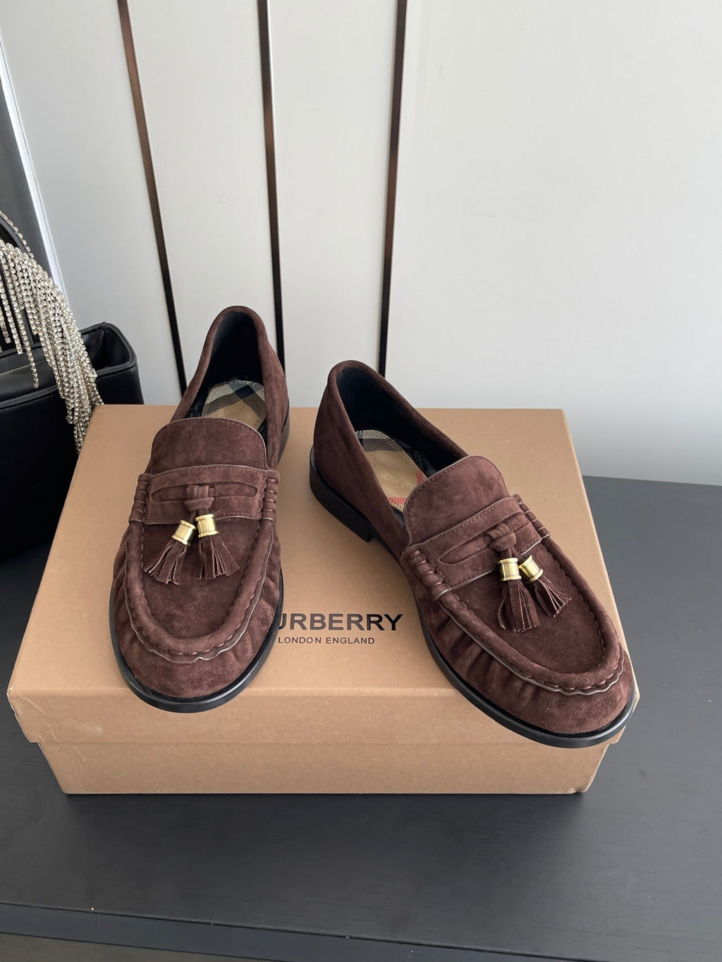 BURBERRY 26S LOAFERS IN DARK BROWN SUEDE