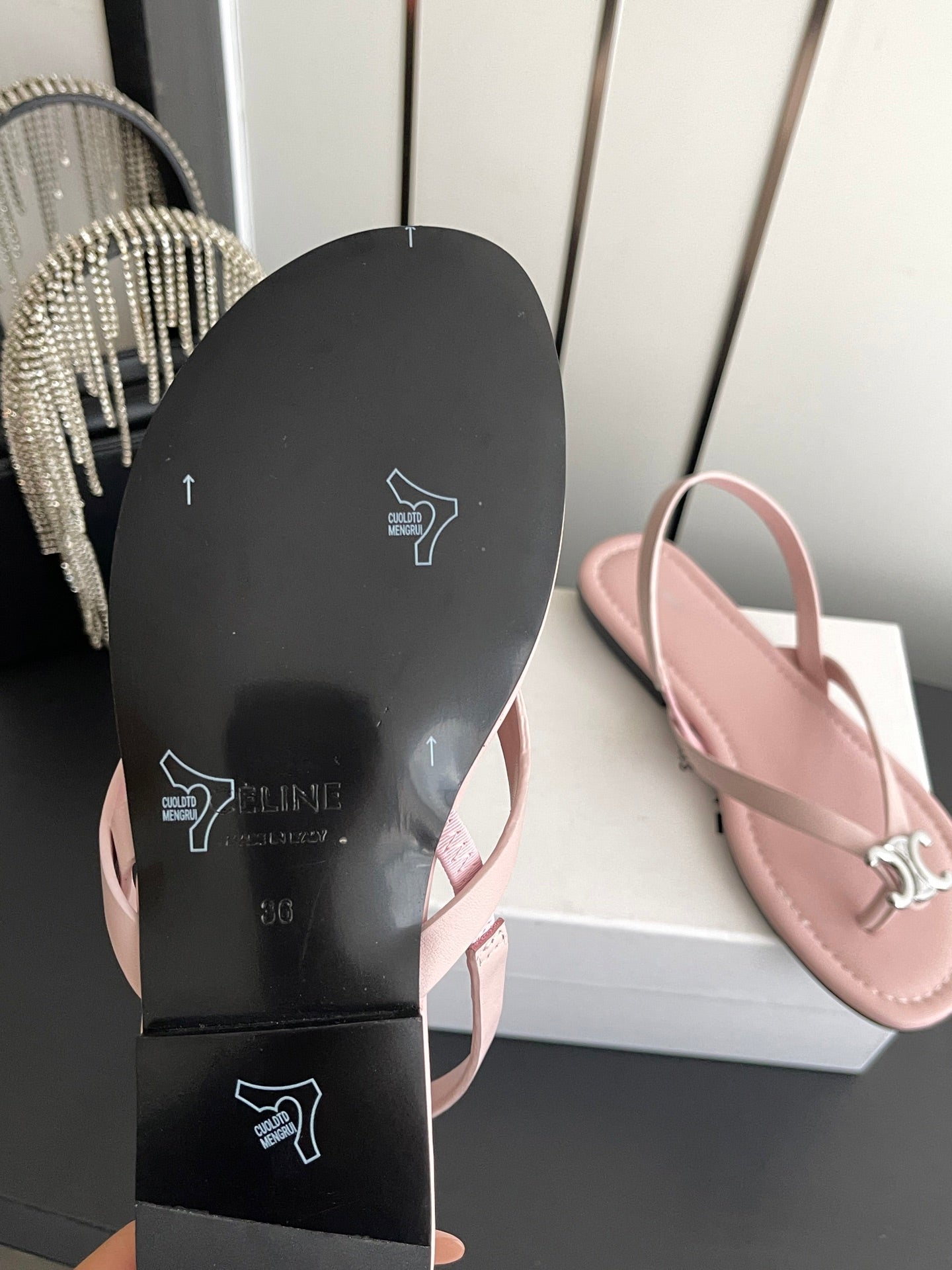 CELINE 26S THONG SANDALS IN LIGHT PINK CALFSKIN