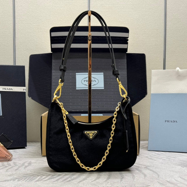 PRADA 25S MINI HOBO BAG 23 IN BLACK VELVET GOLD HARDWARE