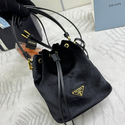 PRADA 25S BUCKET BAG 19 IN BLACK VELVET GOLD HARDWARE