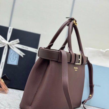 PRADA 25S BUCKLE SMALL HANDBAG 32 IN RICH BROWN CALFSKIN GOLD HARDWARE
