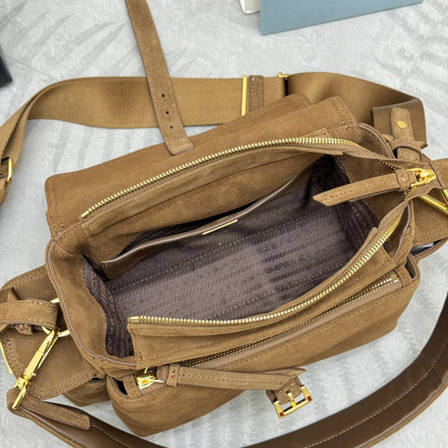 PRADA 25S EXPLORE MEDIUM SHOULDER BAG 30 IN CINNAMON SUEDE WITH FLAP
