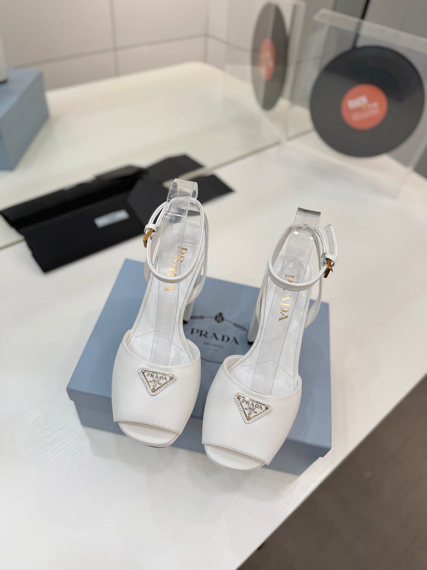 PRADA 26S HEELED SANDALS 115MM IN WHITE CALFSKIN WITH LOGO