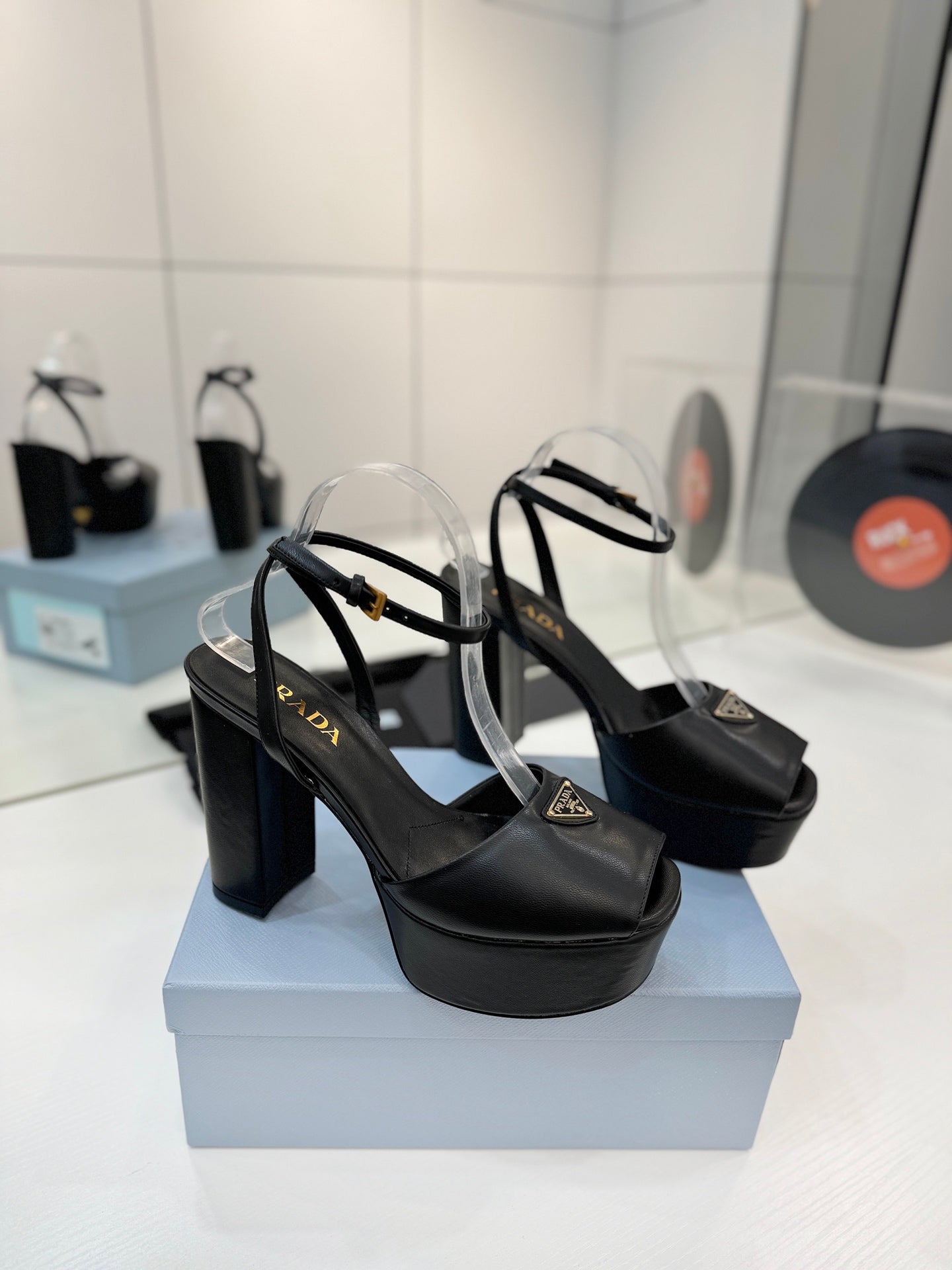PRADA 26S HEELED SANDALS 115MM IN BLACK CALFSKIN WITH LOGO
