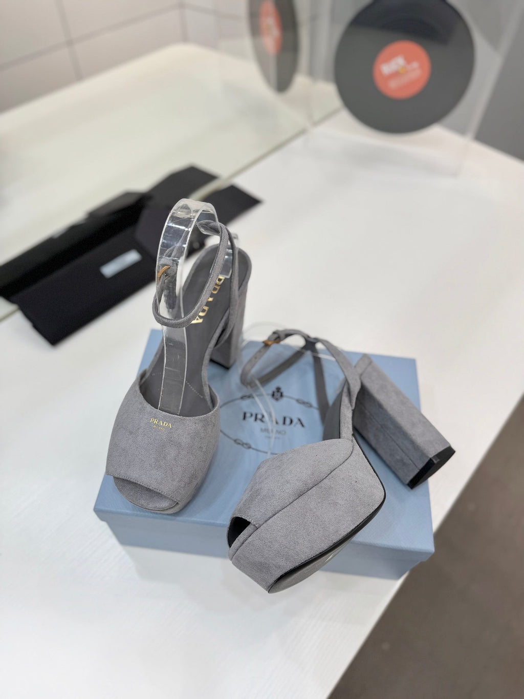 PRADA 26S HEELED SANDALS 115MM IN GRAY SUEDE