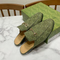 GG MULES IN MOSS GREEN FABRIC GOLD HARD WARE