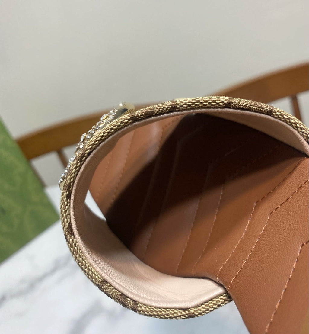 GUCCI 26S HEELED SLIDES 75 MM IN SAND BROWN CANVAS AND LAMBSKIN