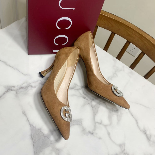 GUCCI 26S HIGH-HEELED SHOES 85 MM IN BROWN SUEDE WITH CRYSTAL