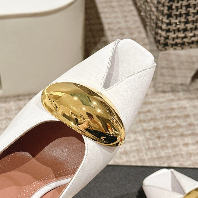 ALAIA SPIKE JEWEL MULES IN WHITE CALFSKIN WITH GOLD HARDWARE