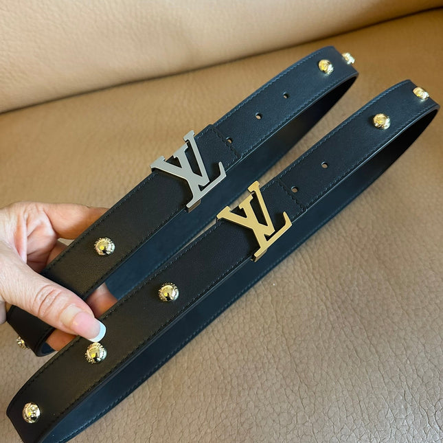 LV Initiales Studs 30mm Reversible Belt Silver Buckle Black Leather