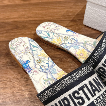DIOR 26S SLIDE SANDALS IN MULTICOLOR FLORAL MAP PRINT LOGO STRAP