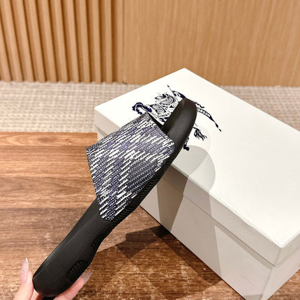 BURBERRY 26S SLIDE SANDALS IN BLACK AND BLUE CALFSKIN