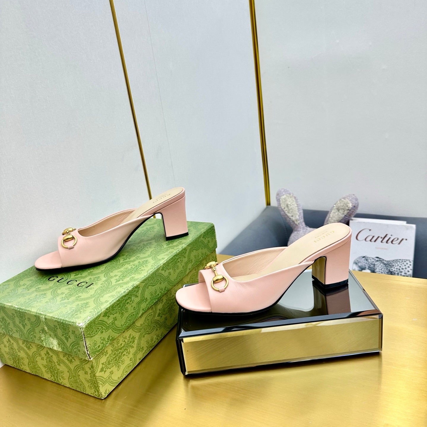 GG HIGH HEELS 55 IN PINK CALFSKIN WITH GOLD HARDWARE
