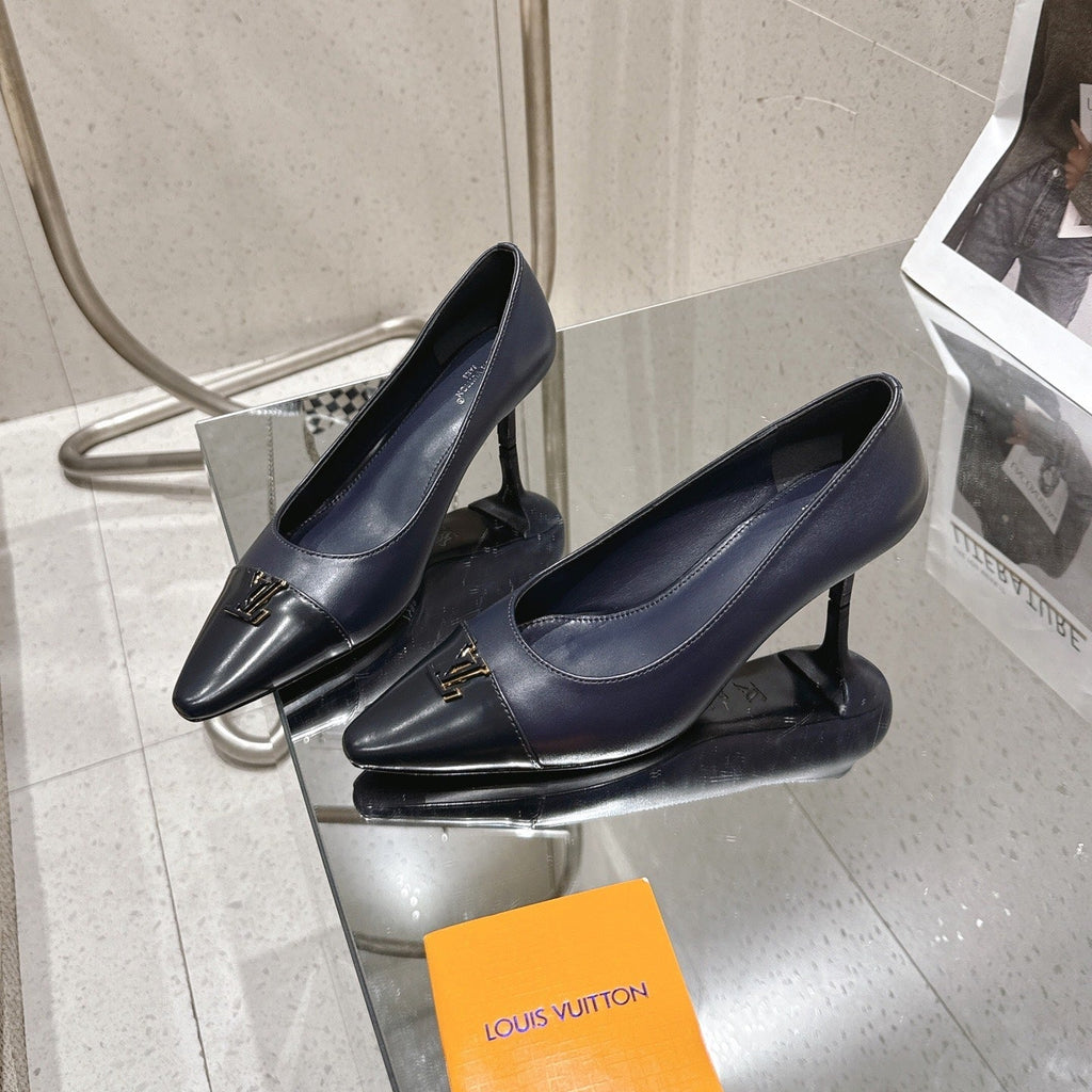 LV 26S POINTED TOE HIGH HEELS 55 MM IN BLACK BLUE CALFSKIN