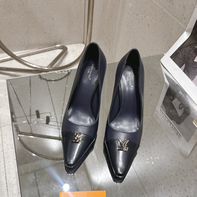 LV 26S POINTED TOE HIGH HEELS 95 MM IN BLACK BLUE CALFSKIN