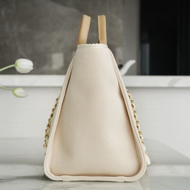 TOTE BAG 39 ATTACHED PEARL LOGO IN BEIGE CANVAS GOLD HARDWARE