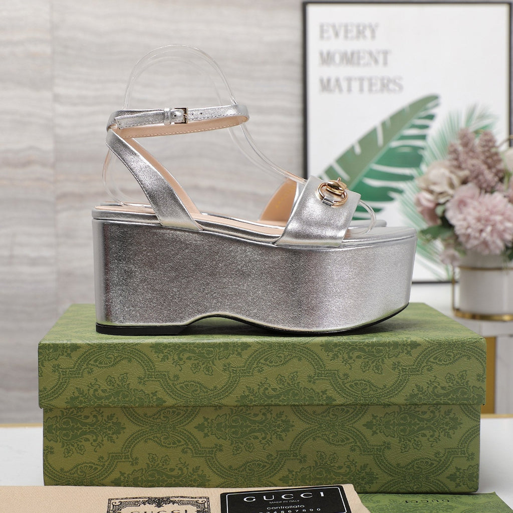 GG  Horsebit Wedges Sandals Silver