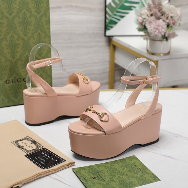 GG  Horsebit Wedges Sandals Pink