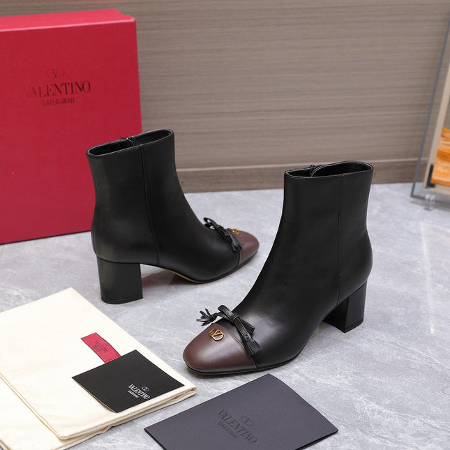 VALENTINO 25S VALET DU ROI ANKLE BOOTS 60 MM IN BLACK MIX DARK BROWN CALFSKIN WITH BOW