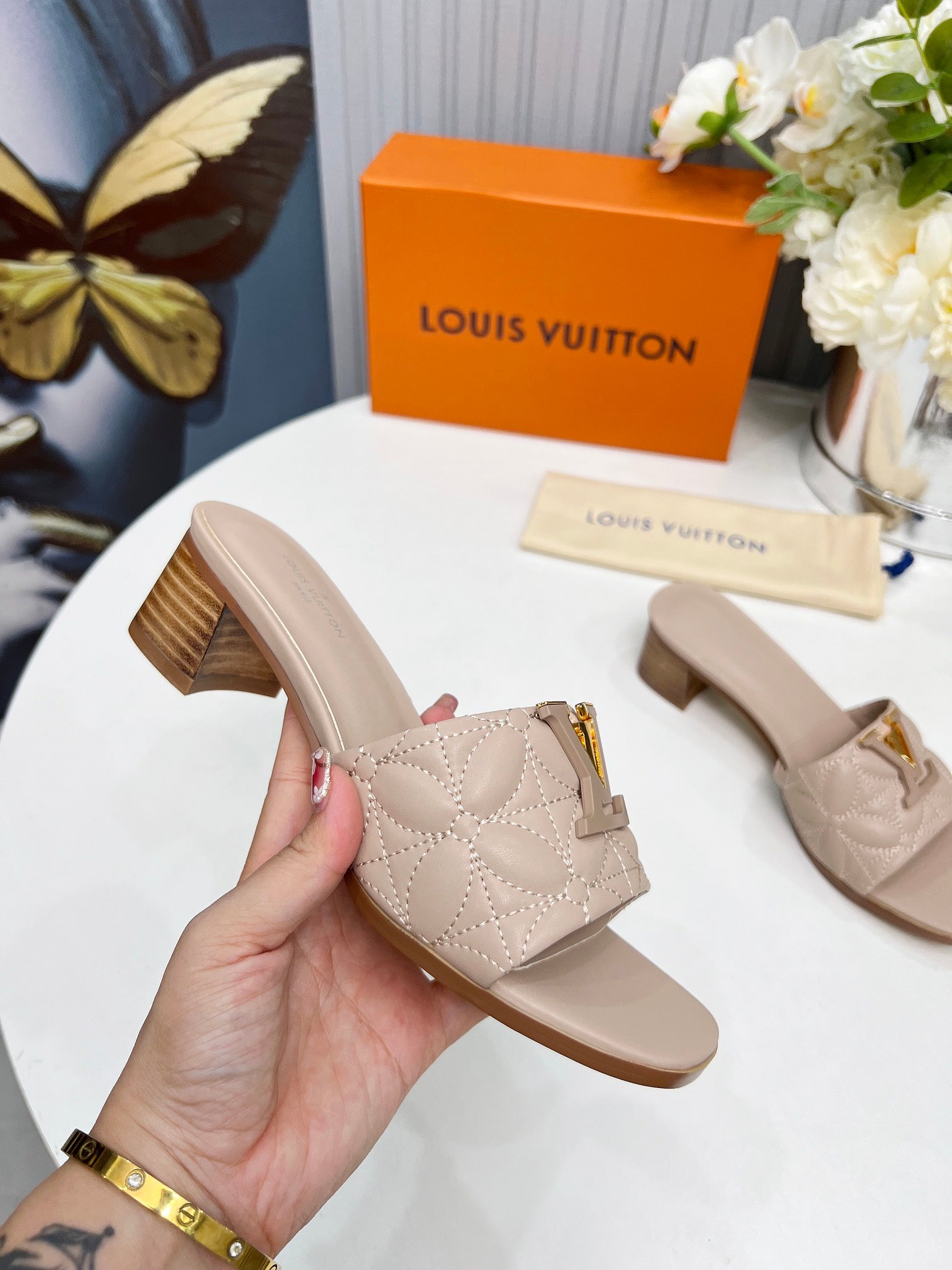 LV 26S MARE HIGH-HEELED MULE SANDALS IN DARK BEIGE CALFSKIN
