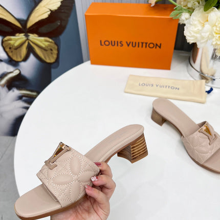 LV 26S MARE HIGH-HEELED MULE SANDALS IN DARK BEIGE CALFSKIN