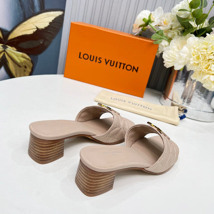 LV 26S MARE HIGH-HEELED MULE SANDALS IN DARK BEIGE CALFSKIN