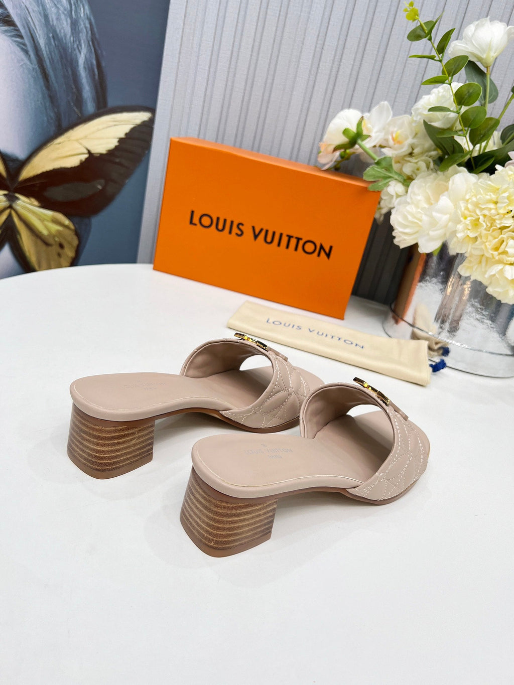 LV 26S MARE HIGH-HEELED MULE SANDALS IN DARK BEIGE CALFSKIN