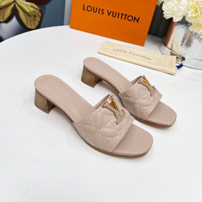 LV 26S MARE HIGH-HEELED MULE SANDALS IN DARK BEIGE CALFSKIN