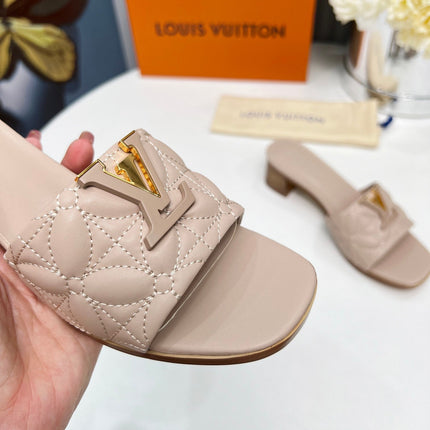 LV 26S MARE HIGH-HEELED MULE SANDALS IN DARK BEIGE CALFSKIN