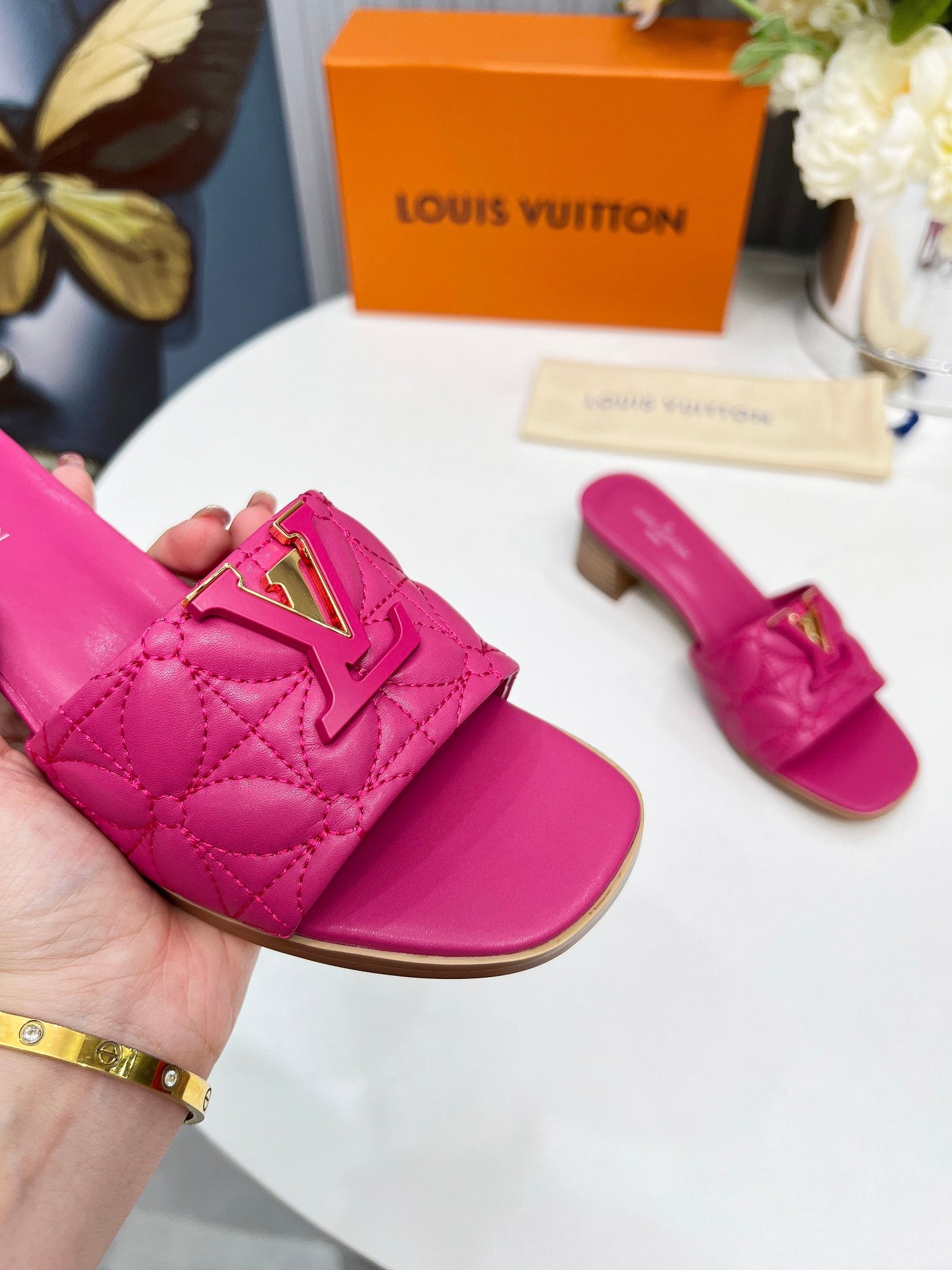 LV 26S MARE HIGH-HEELED MULE SANDALS IN PINK CALFSKIN