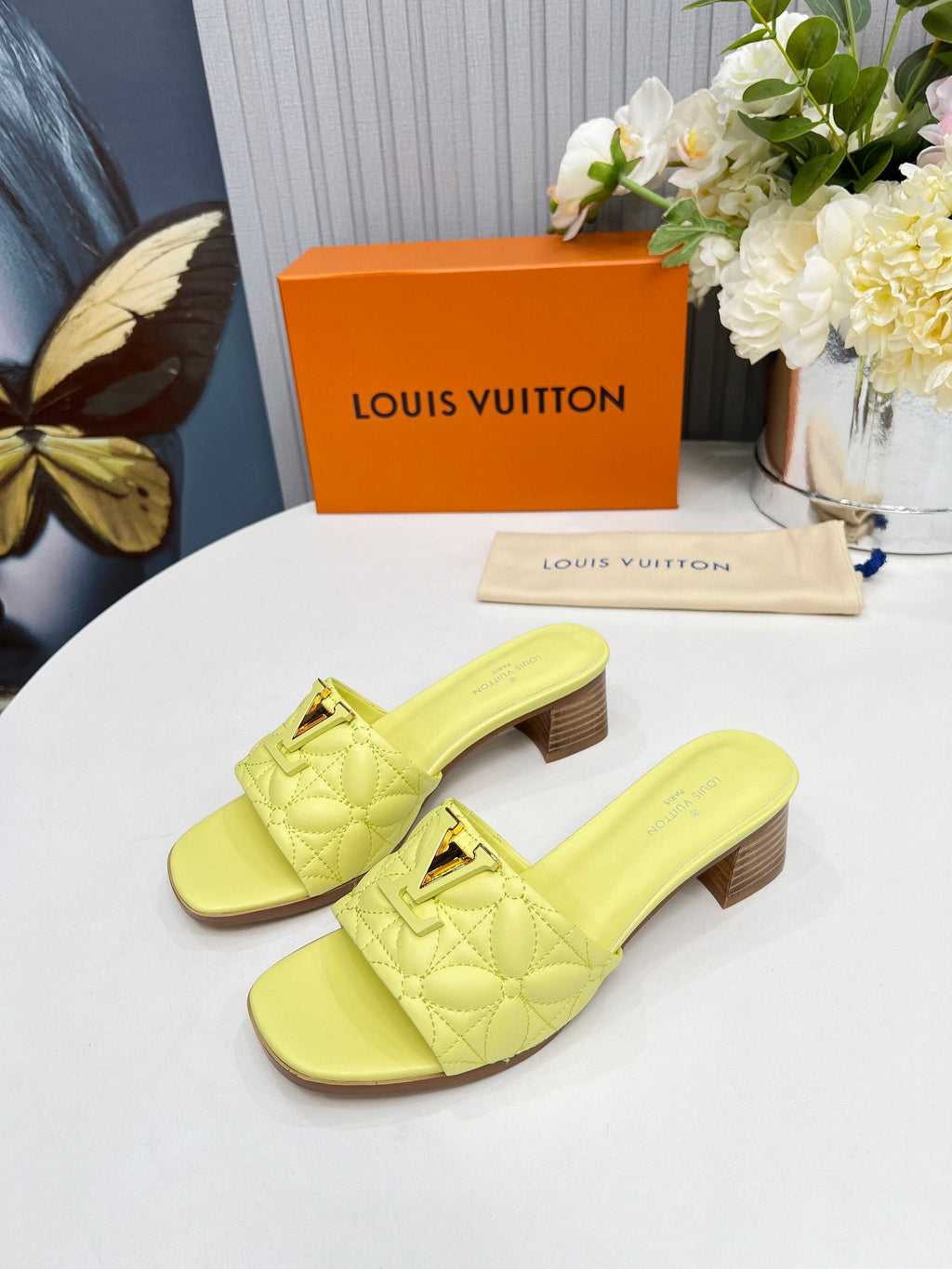 LV 26S MARE HIGH-HEELED MULE SANDALS IN LIGHT YELLOW CALFSKIN