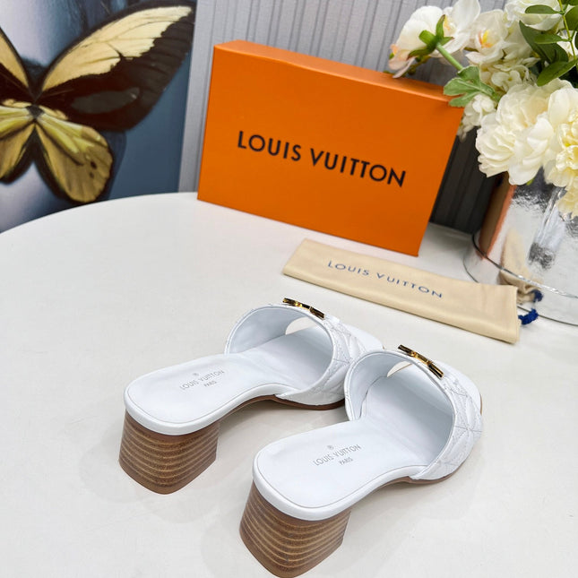 LV 26S MARE HIGH-HEELED MULE SANDALS IN WHITE CALFSKIN