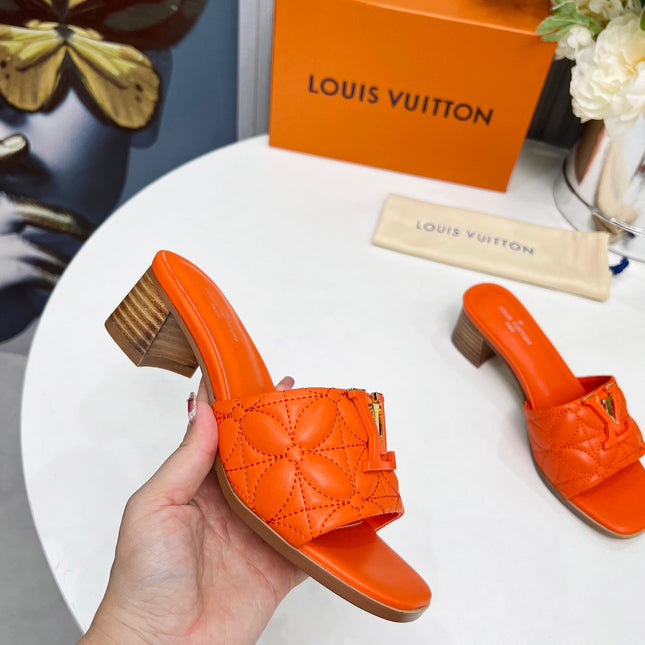 LV 26S MARE HIGH-HEELED MULE SANDALS IN ORANGE CALFSKIN